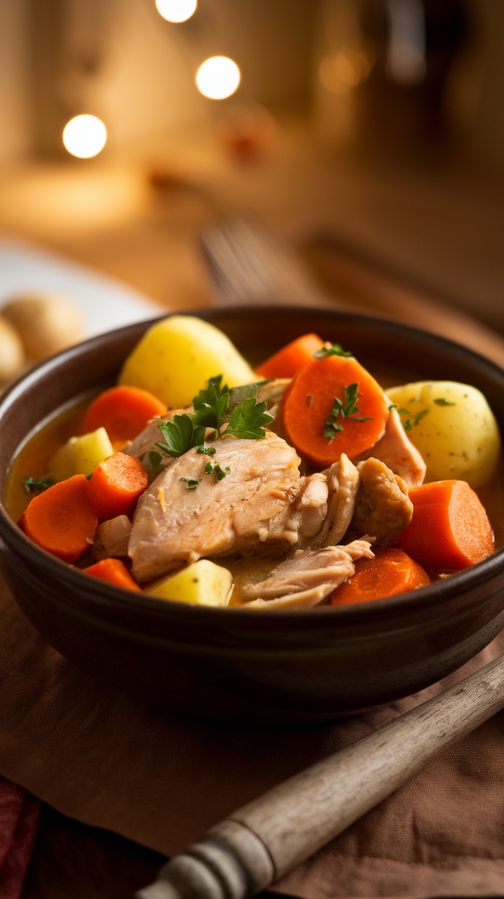 A hearty bowl of chicken stew with chicken, carrots, and potatoes in rich broth, garnished with parsley.